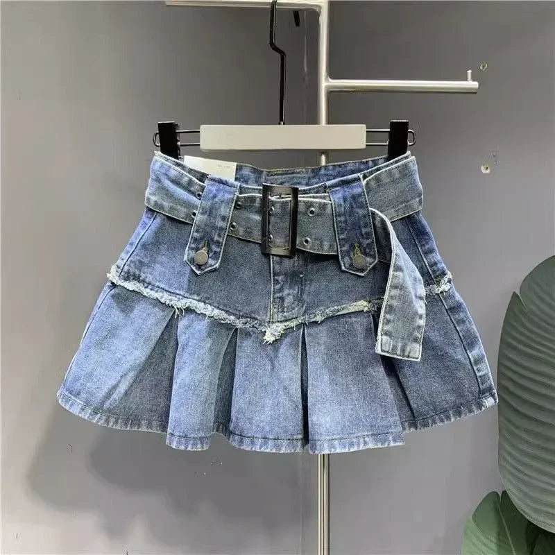 Y2K Harajuku Retro Light Blue Sweet Pleated Denim Skirt Women's SIRI Street Fashion New Popular Slim A-line Skirt Mini Hip Skirt