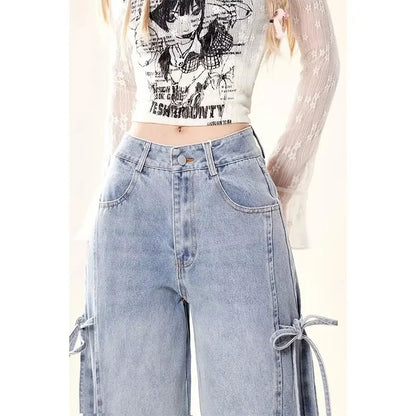 MEXZT Y2K 2000S Jeans Women Vintage Streetwear Bow Bandage Wide Leg Denim Pants Harajuku Korean Baggy Casual Straight Trousers