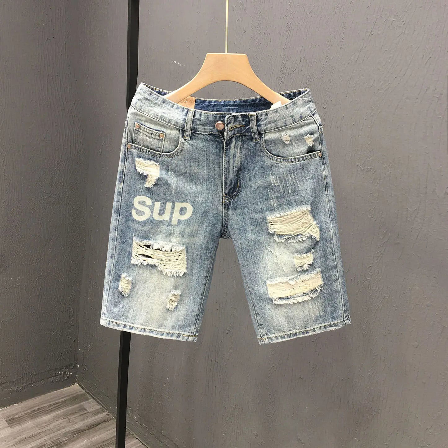 New 2025 Beggar Cat Whisker Big Hole Popular Pants Men's Summer Trendy Brand Washed Blue Denim Shorts Streetwear Ripped Jeans