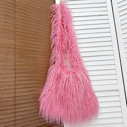 Soft Plush Women's Shoulder Bag Y2K Style Winter Furry Hobo Clutch Purse Fashionable Ladies Underarm Handbag Simple Design