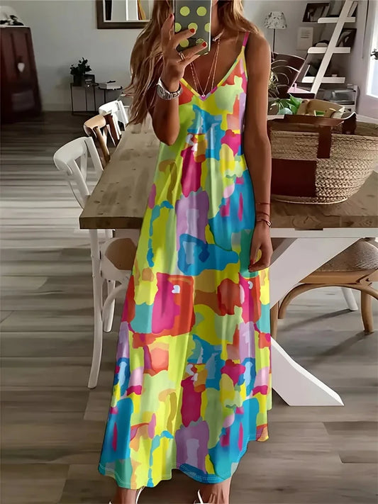 Colorful Fun Graffiti Dress 2024 New Summer Ladies Fashion Sexy Slip Dress Summer Comfort Extra Long Sleeveless Slip Vest