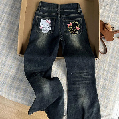 American Hello Kittys Jeans Y2K Women Cartoon Embroidery Denim Pant High Waist Wide Legs Spring Fall Casual Streetwear Trousers