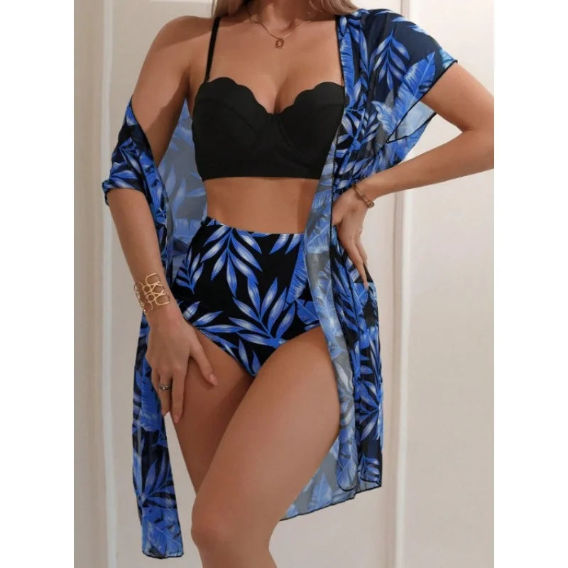 Elegant Printing 3 Piece Bikini Set Women Swimsuit Vintage High Waist Bikini Mesh Cover Up 2025 New Bathing Suit Biquini Female