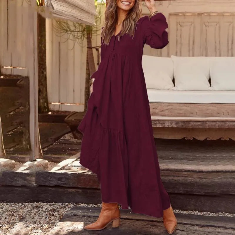 Cotton Linen Women Long Dress 2023 New Loose Fashion V-Neck Casual Solid Long Sleeve A-Line Sexy Dresses Elegant Ruffles Vestido