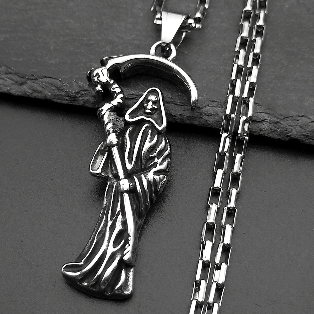 Holy Saint Death Santa Muerte Grim Reaper Necklace for Men Stainless Steel Silver Color Male Chain Necklaces Jewelry Gift