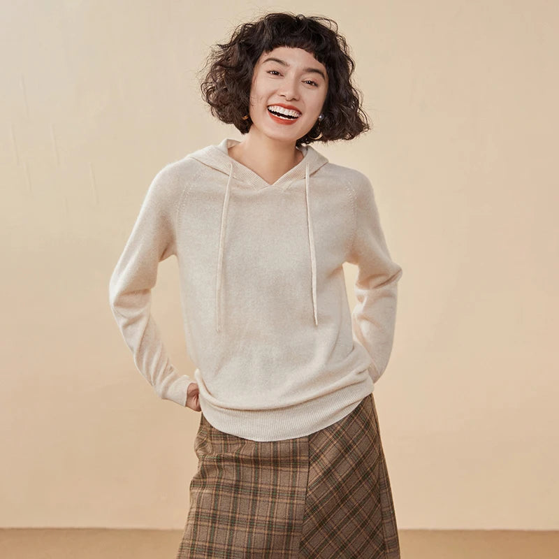ADDONEE Women Cashmere Hooded Pullover Sweater 100% Cashmere Knitwear Spring Autumn Casual Simple Style Hoodie Clothing Tops