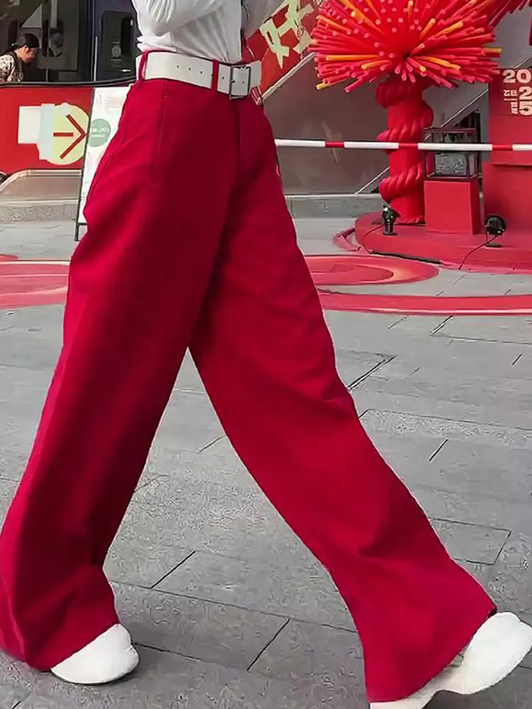 Retro Red High Waist Wide Leg Jeans For Women 2025 New Style Loose Casual Full-Length Denim Pants No Belt Trendy Autumn Winter