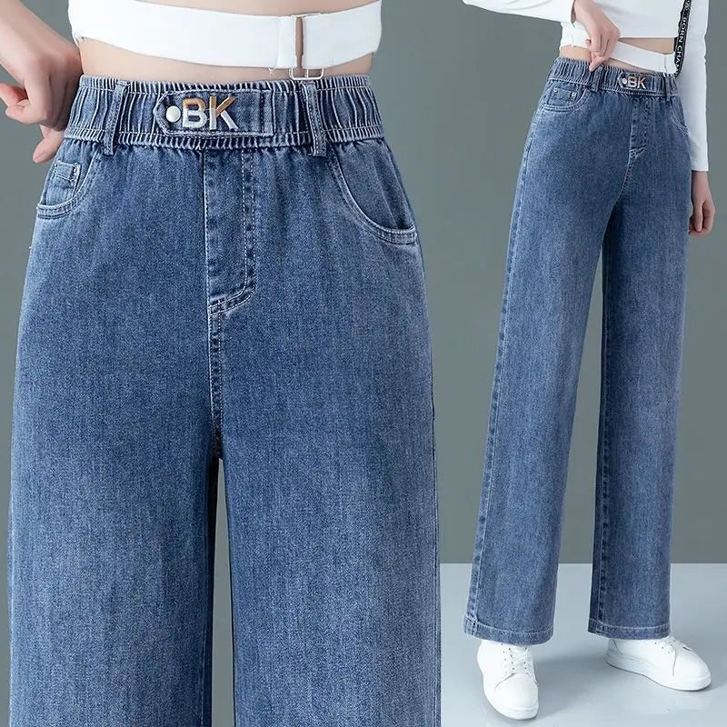 Blue high waisted Elastic jeans Women's clothing 2025 Spring Autumn New Loose Straight leg Pants Casual Denim Wide leg pants