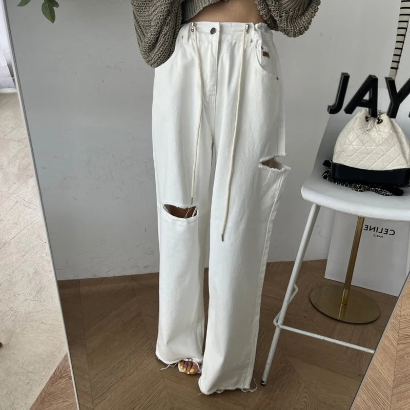 Loose Wide Leg Jeans Women's High Waist Straight Leg Long Pants Torn Design Versatile Casual Spring Faion Blue Denim