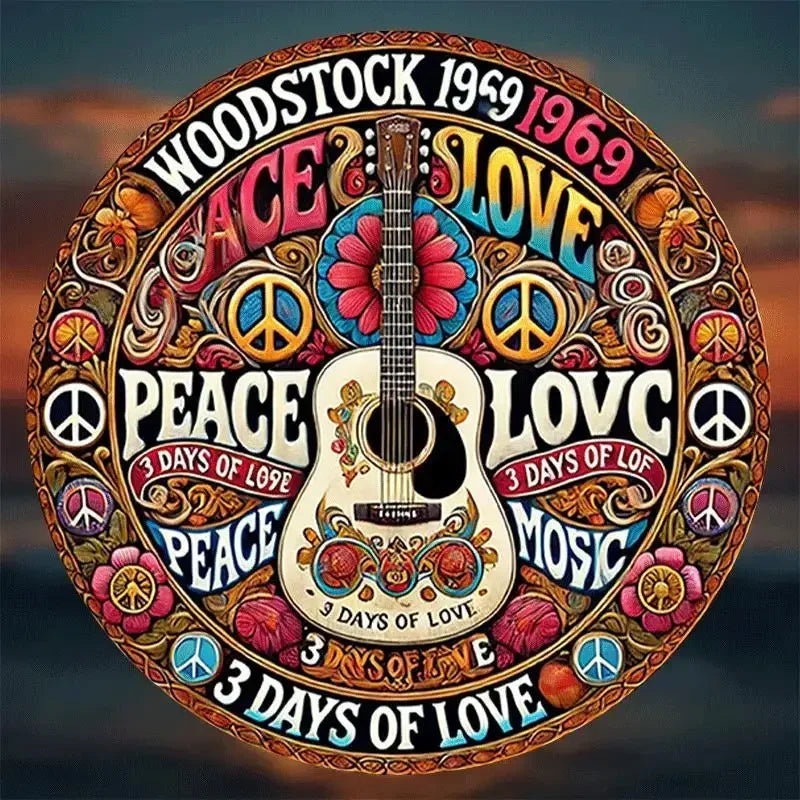 Home Decor，Retro Peace and Love Design with Guitar and Flowers,  Home Decor -  New Year's, Valentine'S Day, Music Decor