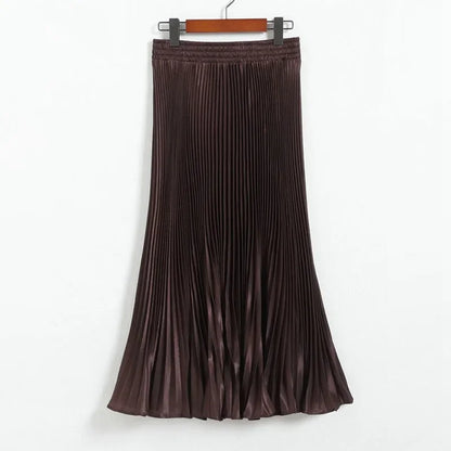 Women's Fashion Pleated Mermaid Long Skirt Korean Style Casual High Waist Satin Flowy Skirts Shiny 19 Colors 2024 Spring SK500