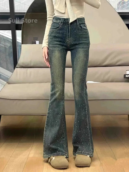 2024 New Spring Summer All-match Casual Harem Pants High Waist Stretch Slim Denim Pants Hot Drilling Casual Ankle-length Jeans