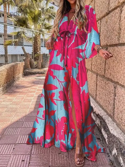 Bikini Cover-ups Boho Print Long Dress Self Belted Sexy Beach Tunic 2023 Summer Women Beach Wear Swim Suit Cover Up A932