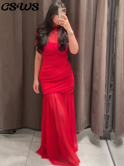 Sexy Red Pleated Mesh Long Red Dress Sleeveless See Through Patchwork A-line Party Dresses Female 2025 Summer Lady Slim Robes