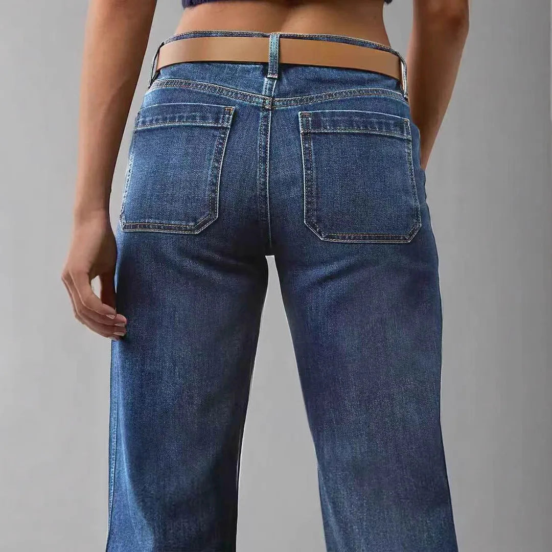 Jeans Women Denim Flare Pants Stretch High Waist Pockets Washed Distressed Floor Length Streetwear 2025 Boot Cut Trousers
