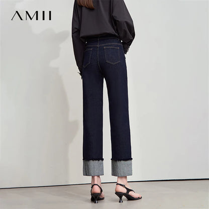 AMII Jeans Pants Women 2025 Autumn New Elegant Ladies Clothes Casual Loose Straight Embroidery Women's Denim Pants 12543032