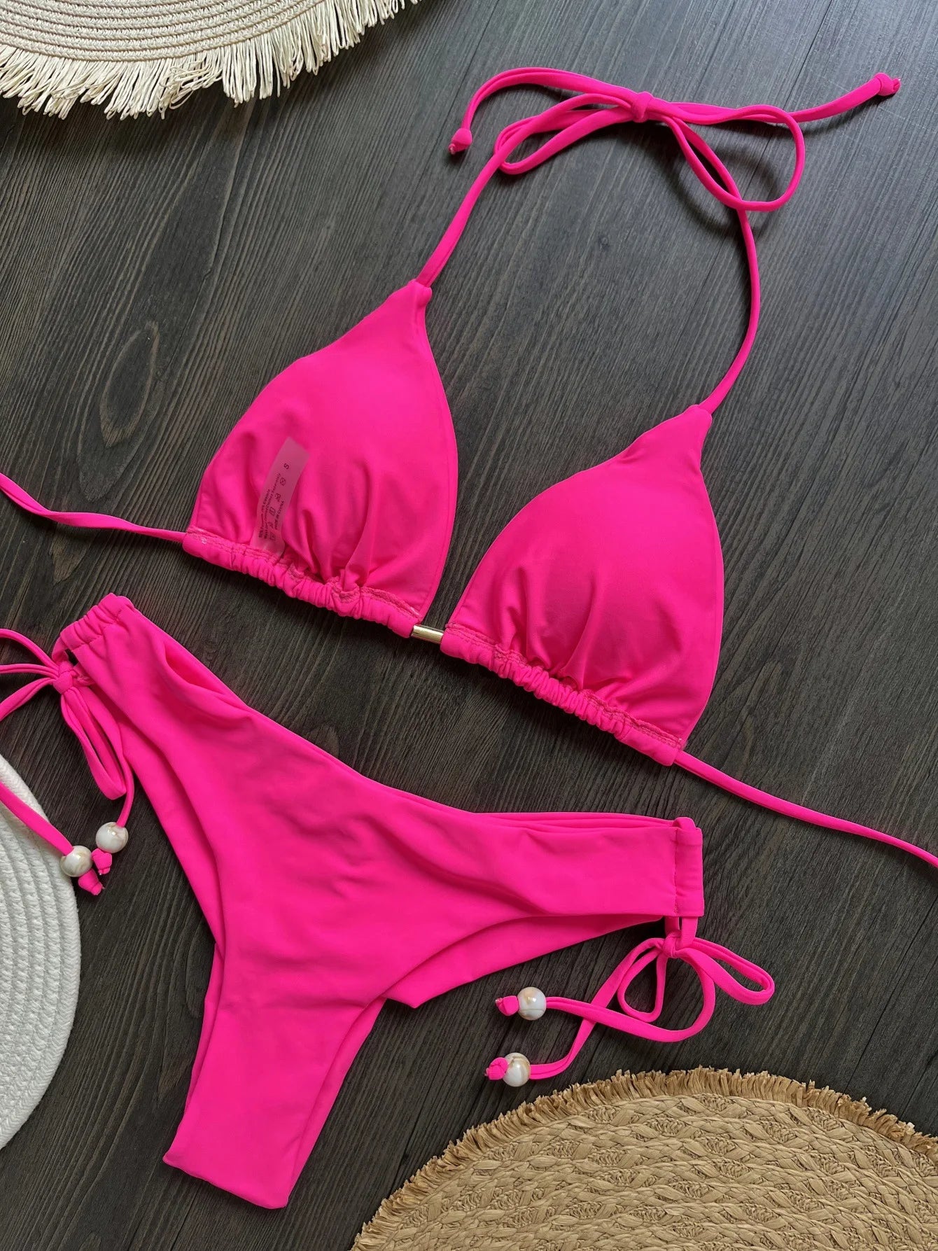 Sexy Halter Bandage Bikini Set Drawstring Beeds Patchwork Women Swimsuit Two-piece Triangle Thong Swimwear Bathing Suit Biquini