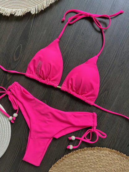 Sexy Halter Bandage Bikini Set Drawstring Beeds Patchwork Women Swimsuit Two-piece Triangle Thong Swimwear Bathing Suit Biquini