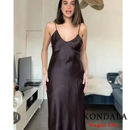 KONDALA Fall Women Sexy Stain Long Dress Thin Strap Backless Slim Long Dress New 2025 Fashion Summer  Party Long Slim Dress