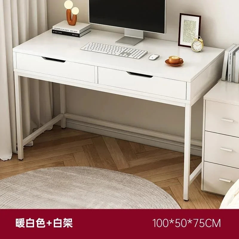 Home Computer Desk with Storage Shelves Modern Executive Study Write Bedroom Single Office Desk with 2 Drawers Work Furniture