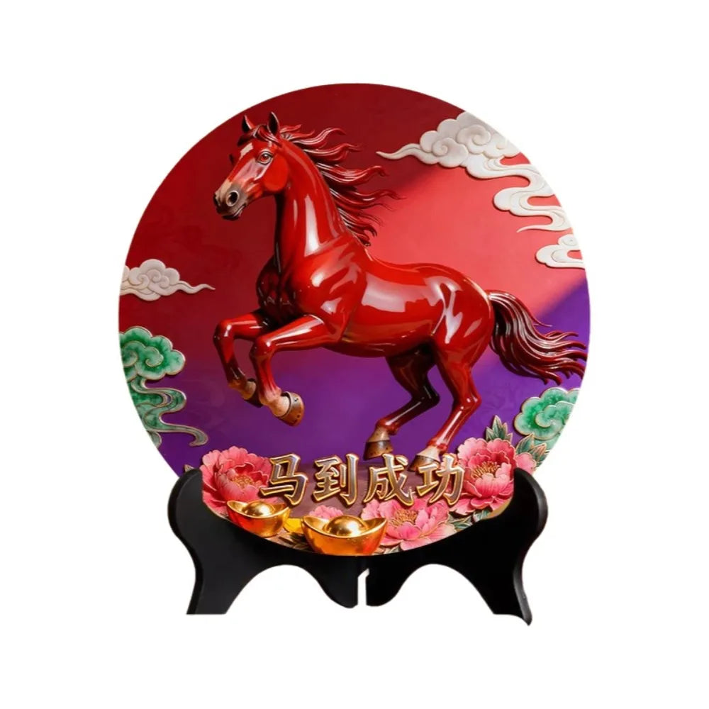 Horse Year Decorative Paintings Ornament Round Good Luck Desktop Ornament Wooden Funny Home Decor Ornament TV Cabinets