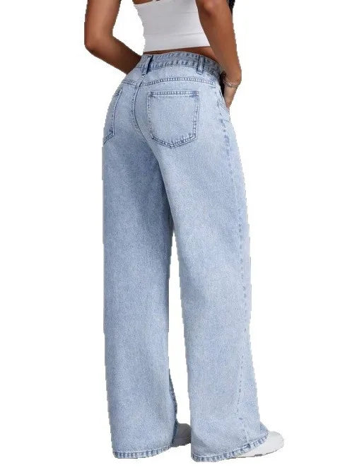 Loose Straight Leg Wide Leg Jeans Casual Sle l Waist Folded Fabric Stand Edition Slight Elastici Pure Color Wome...