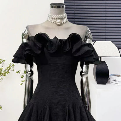 Women's Elegant Off Shoulder Ruffles Slim Mini Dress Lady Summer Sexy Party Holiday Slash Neck A Line Short Dress