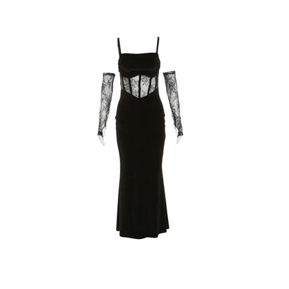 Sylcue Winter Sisters Party Formal Elegant Mature Sexy Beautiful Dirty Women'S Long Lace Fishbone Sling Dress With Sleeve