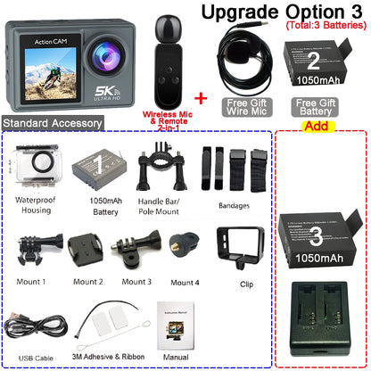 Action Camera 5K 4K60FPS Dual IPS Touch LCD EIS 170° 30M Waterproof 5X Zoom Sport Camera Optional Wireless Mic & Remote Control