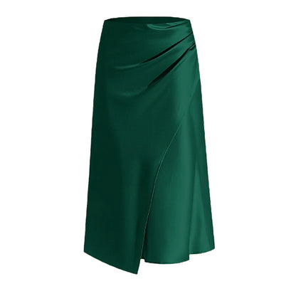 New In 2025 Women's Summer High Waist Satin Pleated Split Green Long Skirt Solid Color Zipper Office Lady Party Elegant Skirts