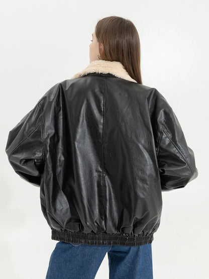 Retro Gothic Brown Plush Fur Leather Jacket Women Fashion Classic Vintage Autumn And Winter Zipper Casual Motorcycle Jacket