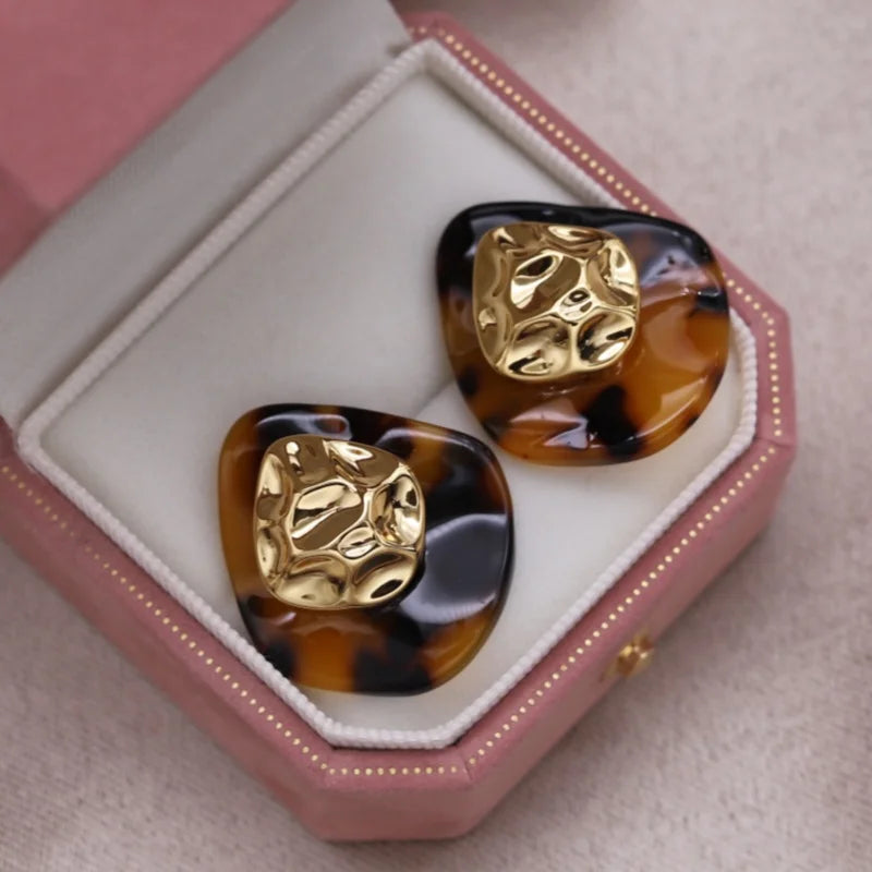 New fashion jewelry 18K gold plated metal brushed leopard print acrylic geometric earrings modern women's daily accessories