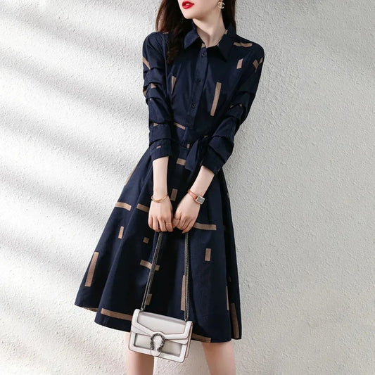 Simplicity Fashion Spring Shirt Dresses Women Lapel Geometric Print Button Belt Korean Office Lady Long Sleeve Slim Midi Dress