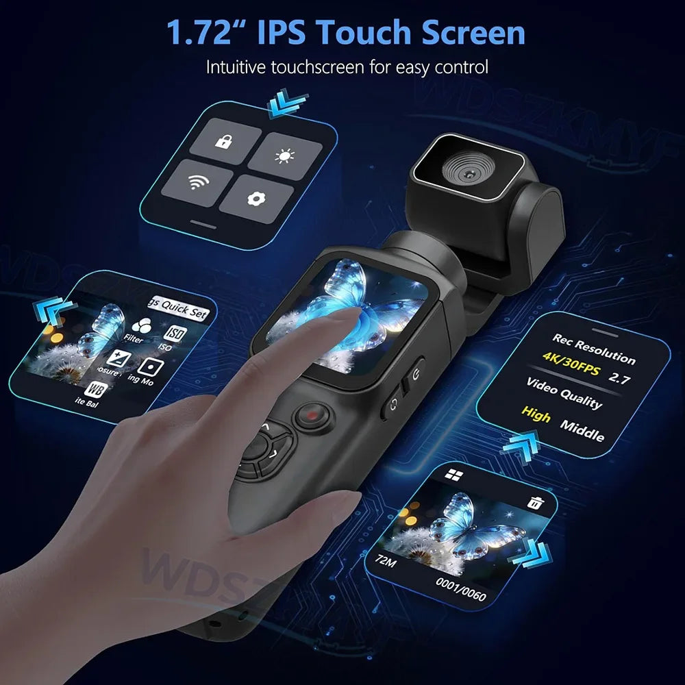 New Real 4K Action Camera With 330° Face Tracking Gimbal Stabilizer 75MP Pixels WiFi Function Pocket Gimbal Camera for Vlog