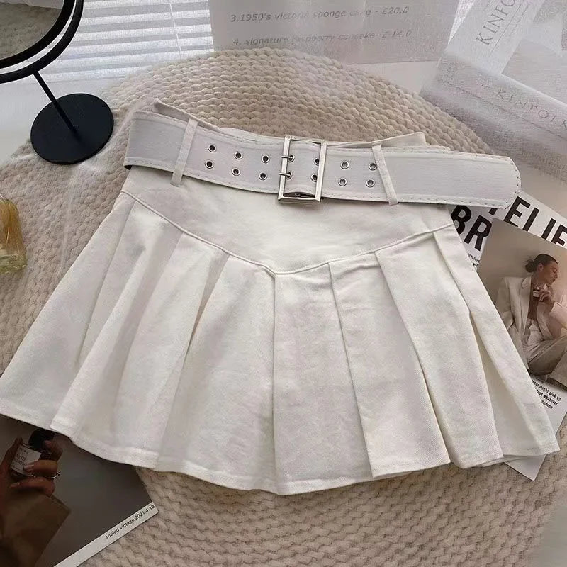Xpqbb Summer Pleated Skirt Women Korean Fashion with Belt Mini Skirts Girl Kawaii High Waist School Uniform A-Line Short Skirts