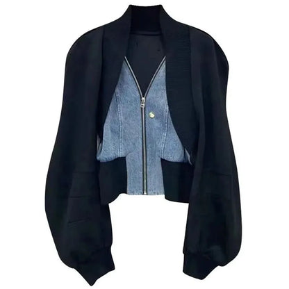 Design Sense Niche Black Denim Stitching Long-Sleeved Short Coat Women's Spring And Autumn Spice Girl Fake Two Cardigan Tops