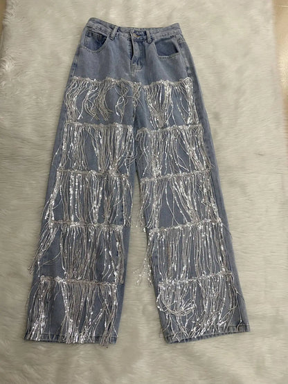 CM.YAYA Women Sequins Tassel Wide Leg Blue Denim Pants 2025 Summer Streetwear Party Vintage High Waist Jeans Trousers