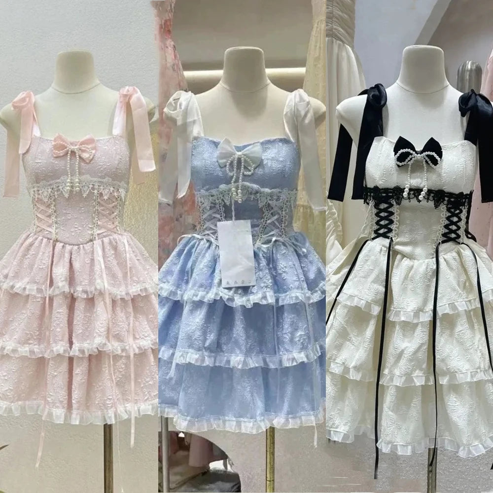 Summer Japanese Style Kawaii Lolita Dress Women Vintage Sweet Lace Bow Ruffles Cake Dresses Harajuku Y2k Slim Bandage Dress