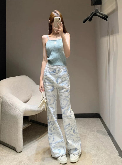 Women White Printed Jeans High Waisted Wide Leg Korean Straight Loose Casual Versatile Autumn New High Street Fashion Trousers