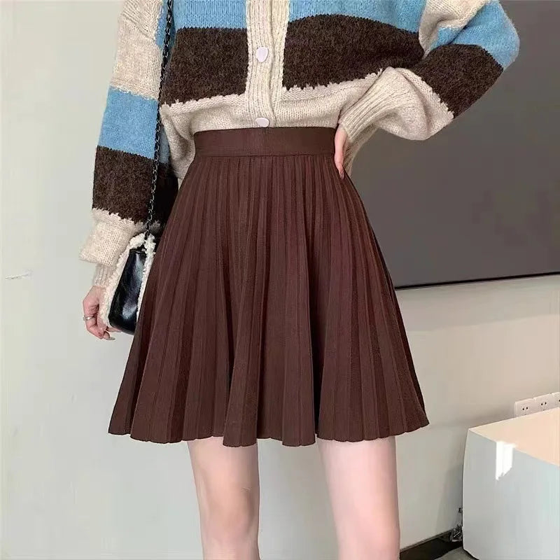 Women's Autumn Elegant A-Line Knitted Mini Skirt High Waist Pleated Skirt Femme Faldas Jupe Saia