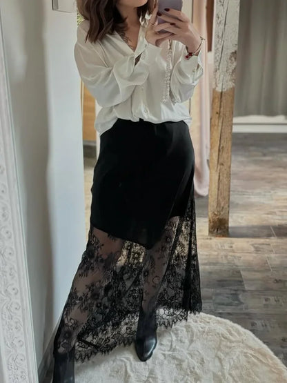 Patchwork Lace Maxi Skirt Women Chic Solid Waist Cinching Hollow Out Long Loose Bottoms Lady Party Daily Street Outerwear New
