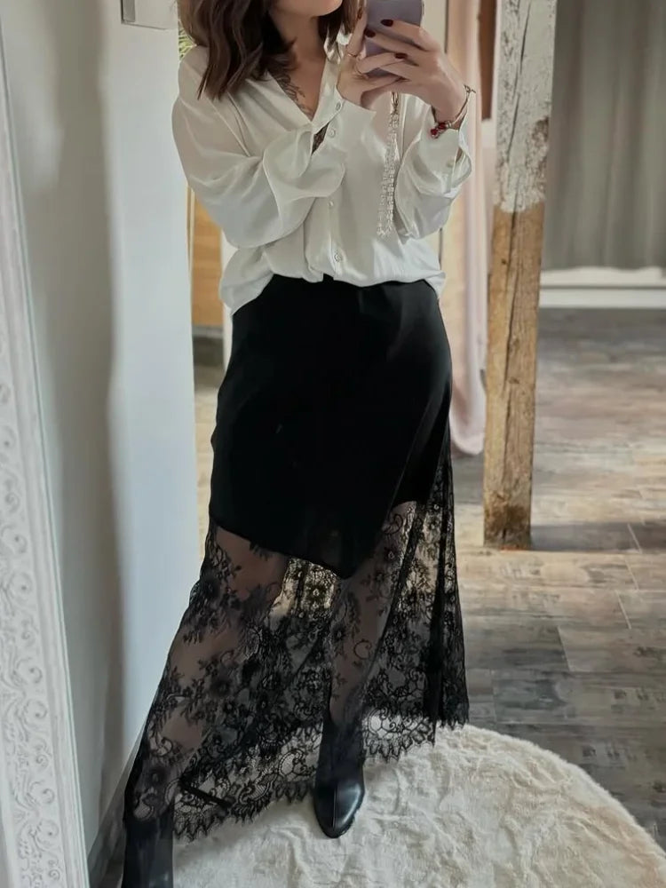 Patchwork Lace Maxi Skirt Women Chic Solid Waist Cinching Hollow Out Long Loose Bottoms Lady Party Daily Street Outerwear New
