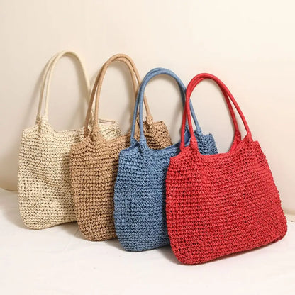 Fashion Straw Tote Bag Woven Solid Color Beach Bag Large Capacity Square Casual Shoulder Bag