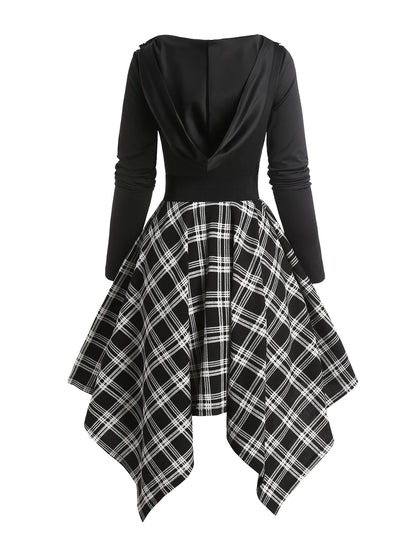 Dressfo Women's Gothic Plaid Hoodie Dresses Panel Asymmetric Hooded Dress Cowl Neck Long Sleeve Belted Dress