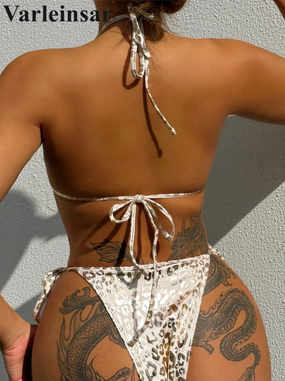 Gold Leopard Printed Halter Strappy Bikini Female Swimsuit Women Swimwear Two-pieces Bikini set Bather Bathing Suit Swim V5787