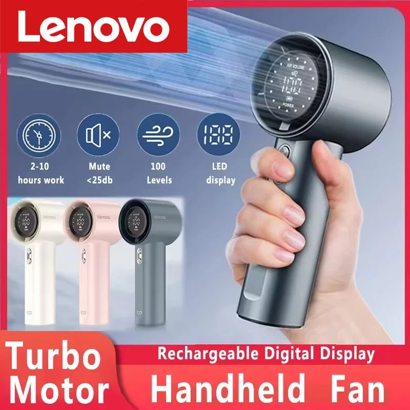 Lenovo 100 Levels Small Fan Usb Digital Display Rechargeable Handheld High-speed Powerful Wind Handheld Turbo Portable Fan