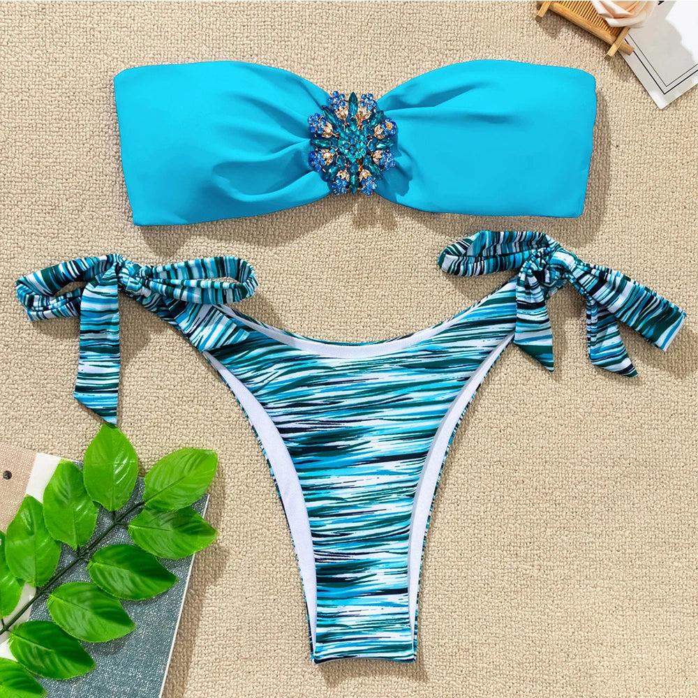 Rhinestone Flower Accessories Swimsuit Women 2023 2-piece Mini Bikini Sexy Strapless Backless Bathing Suit Summer Beach Swimwear