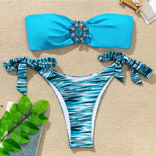 Rhinestone Flower Accessories Swimsuit Women 2023 2-piece Mini Bikini Sexy Strapless Backless Bathing Suit Summer Beach Swimwear