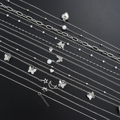 13Pcs/Set Simple Temperament Necklace Set Butterfly Pearl Heart Star Zircon Silver Color Necklace for Women Fashion Jewelry Gift
