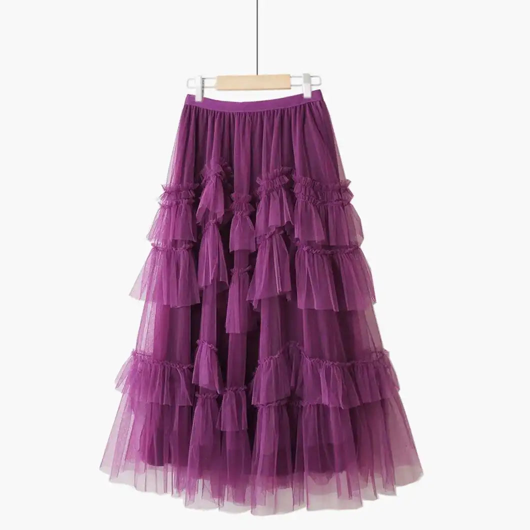 XFPV 2025 Autumn Summer Fashion Elegant Purple Cake Skirt Women Ruffles All-Match Mesh Stitching High Waist Midi Faldas SM1982
